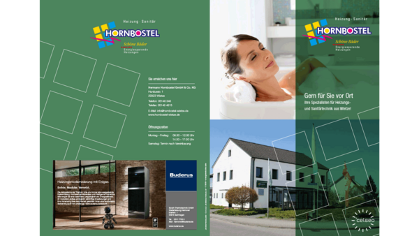 Das Bild zeigt eine ansprechende Broschüre für Heizungs- und Sanitärtechnik mit einem modernen Badezimmer im Hintergrund.